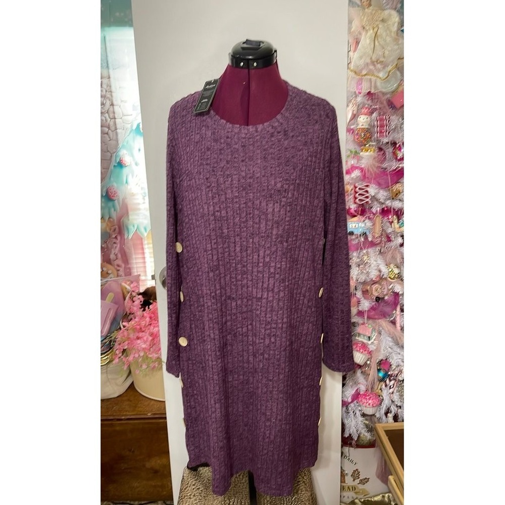 Fantaslook Tunic Dress Womens XL Purple NWT Ribbed Side‎ Button Long Sleeve Top